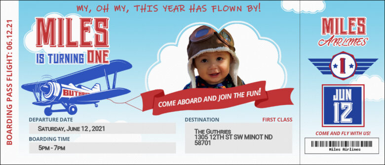 Airline Ticket-Themed Birthday Invitation for Miles's Celebration.